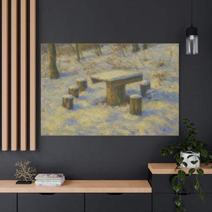 Snowy forest winter landscape canvas wall art by Printify, matte stretched print featuring a serene snow-covered forest scene.