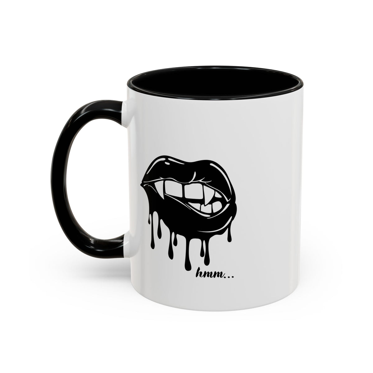 Black Dripping Bite Coffee Mug by Printify, 11oz or 15oz size, featuring a unique dripping bite design on a ceramic mug.
