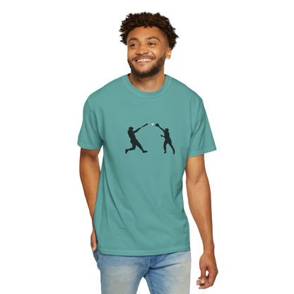 Minimal baseball player silhouette T-shirt by Printify featuring a simple graphic design on a casual tee.