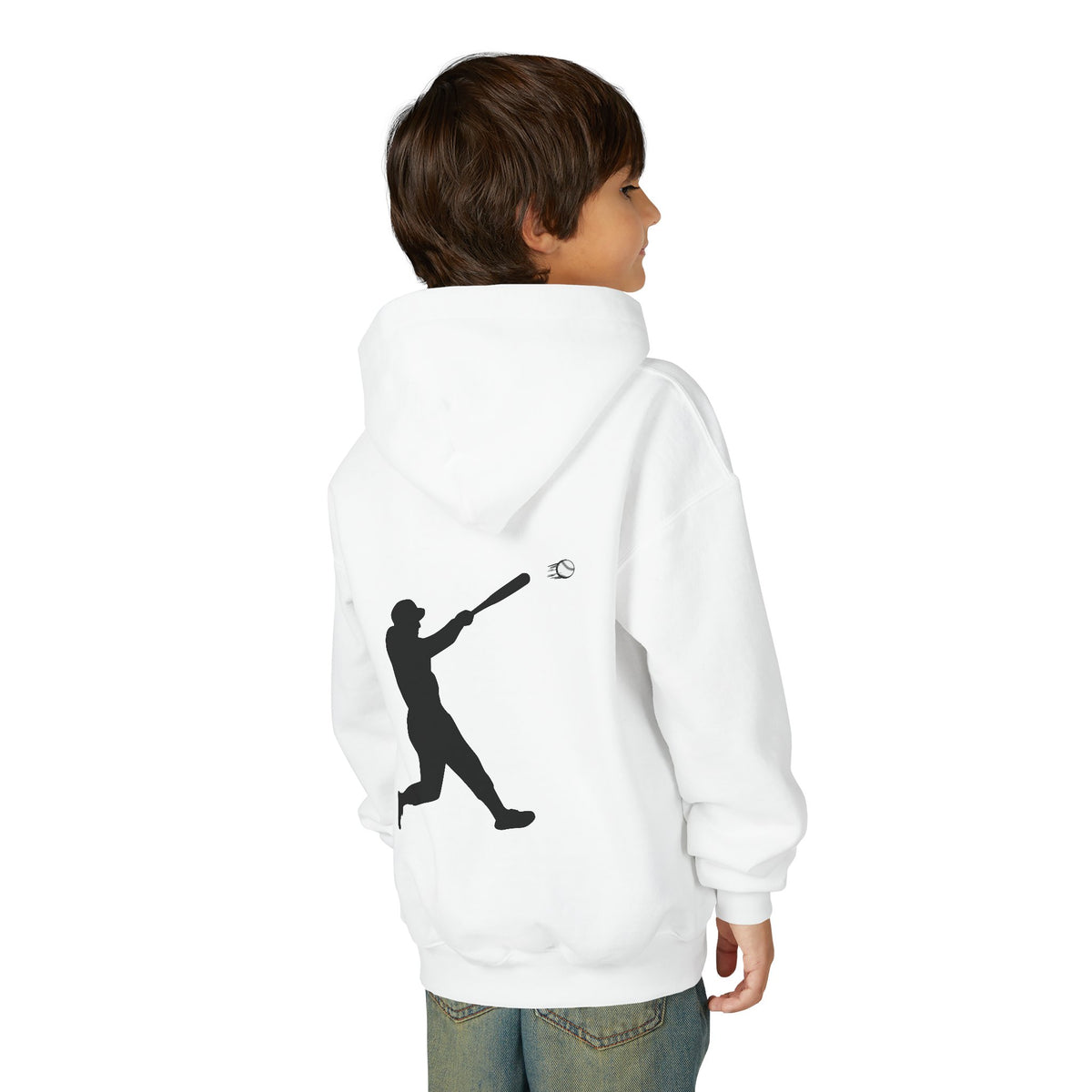 Youth baseball silhouette hoodie featuring a kids baseball player design, comfortable pullover for young sports fans.