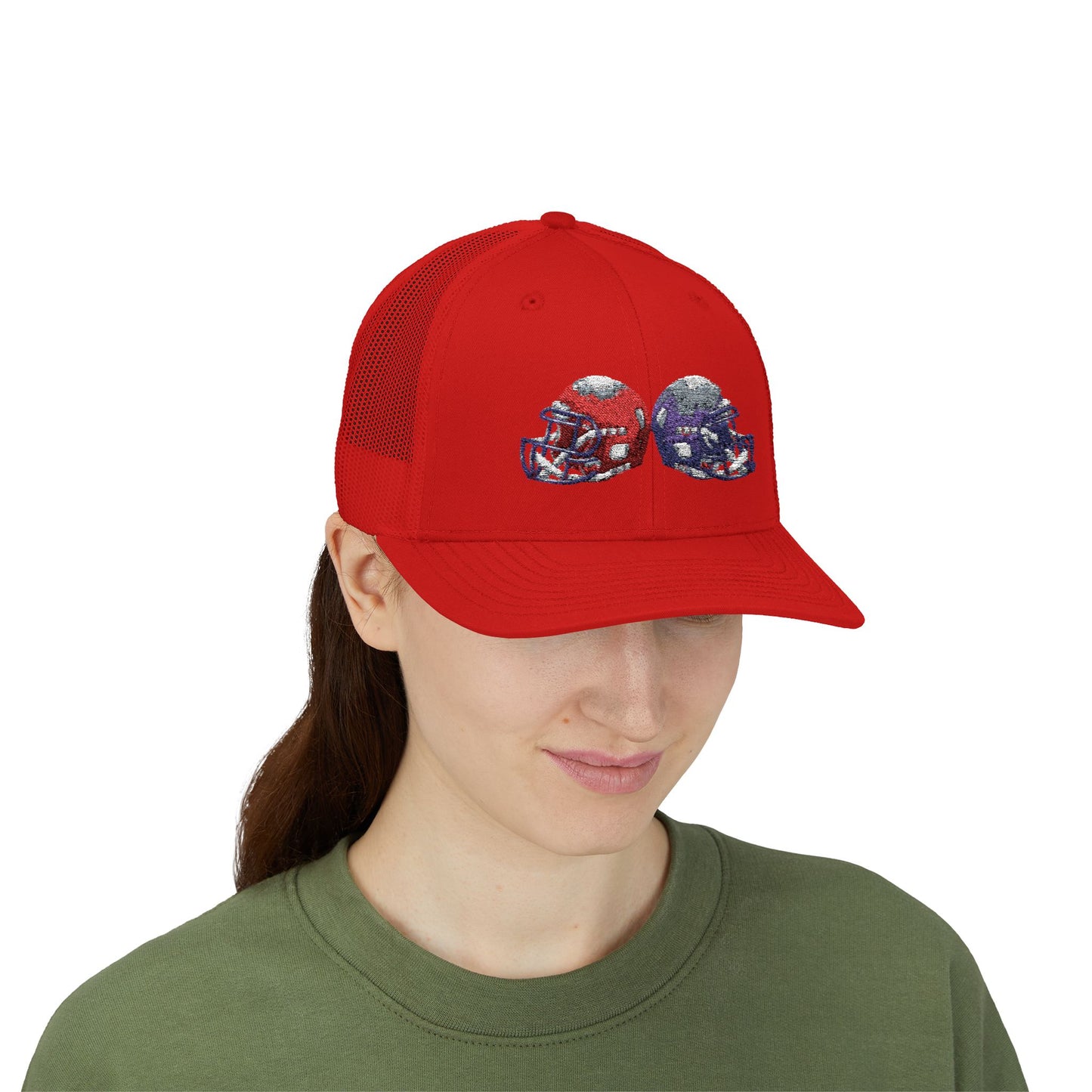 Sporty Snapback Trucker Cap with Football Helmets, Baseball Cap, Outdoor Activity Hat, Gift for Sports Fans, Team Spirit Wear - TRV