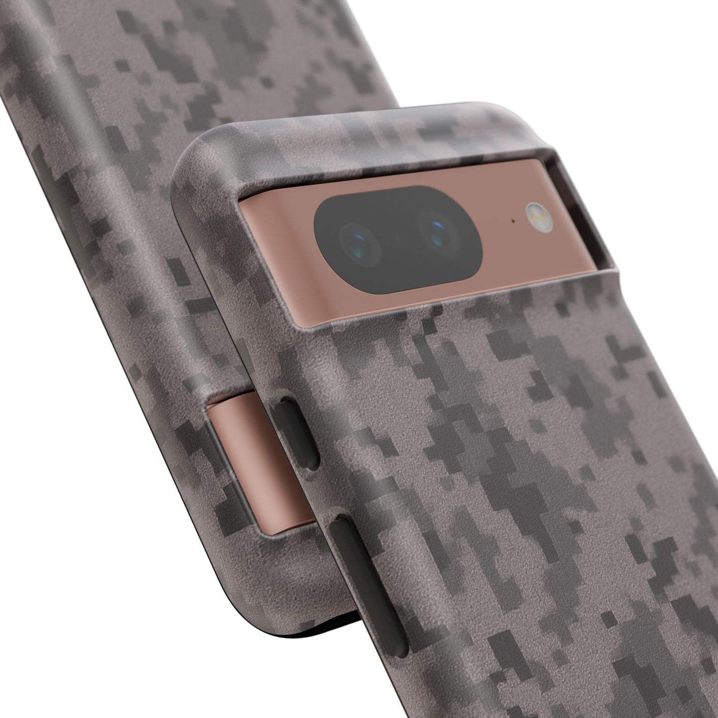 Gray digital camouflage phone case by Printify, tough protective cover designed for durable smartphone protection.