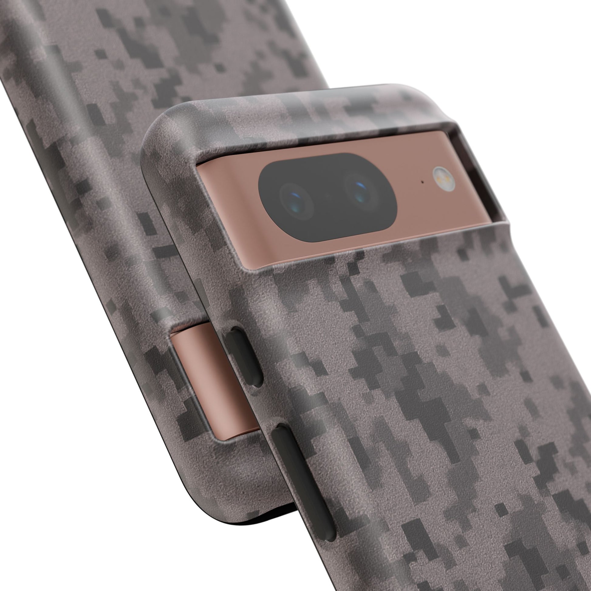 Gray digital camouflage phone case by Printify, tough protective cover designed for durable smartphone protection.