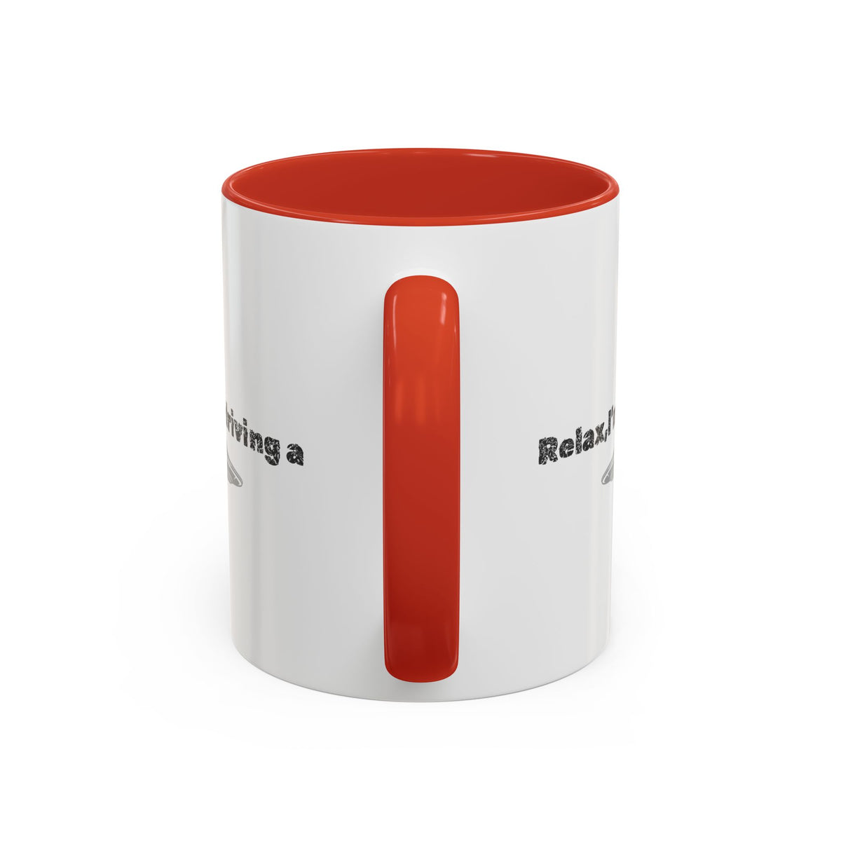 Ceramic coffee mug with "Relax, I’m Driving" text and UFO accent design, available in 11 oz or 15 oz sizes.