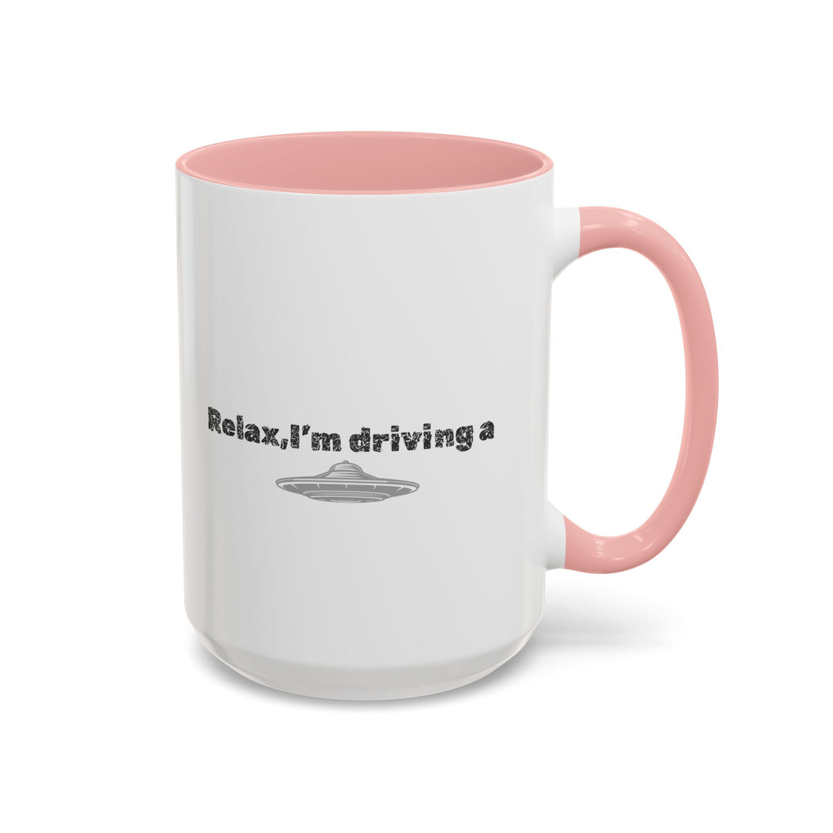 Ceramic coffee mug with UFO accent design and the phrase "Relax, I’m Driving" in black text, 11 oz size, Printify brand.
