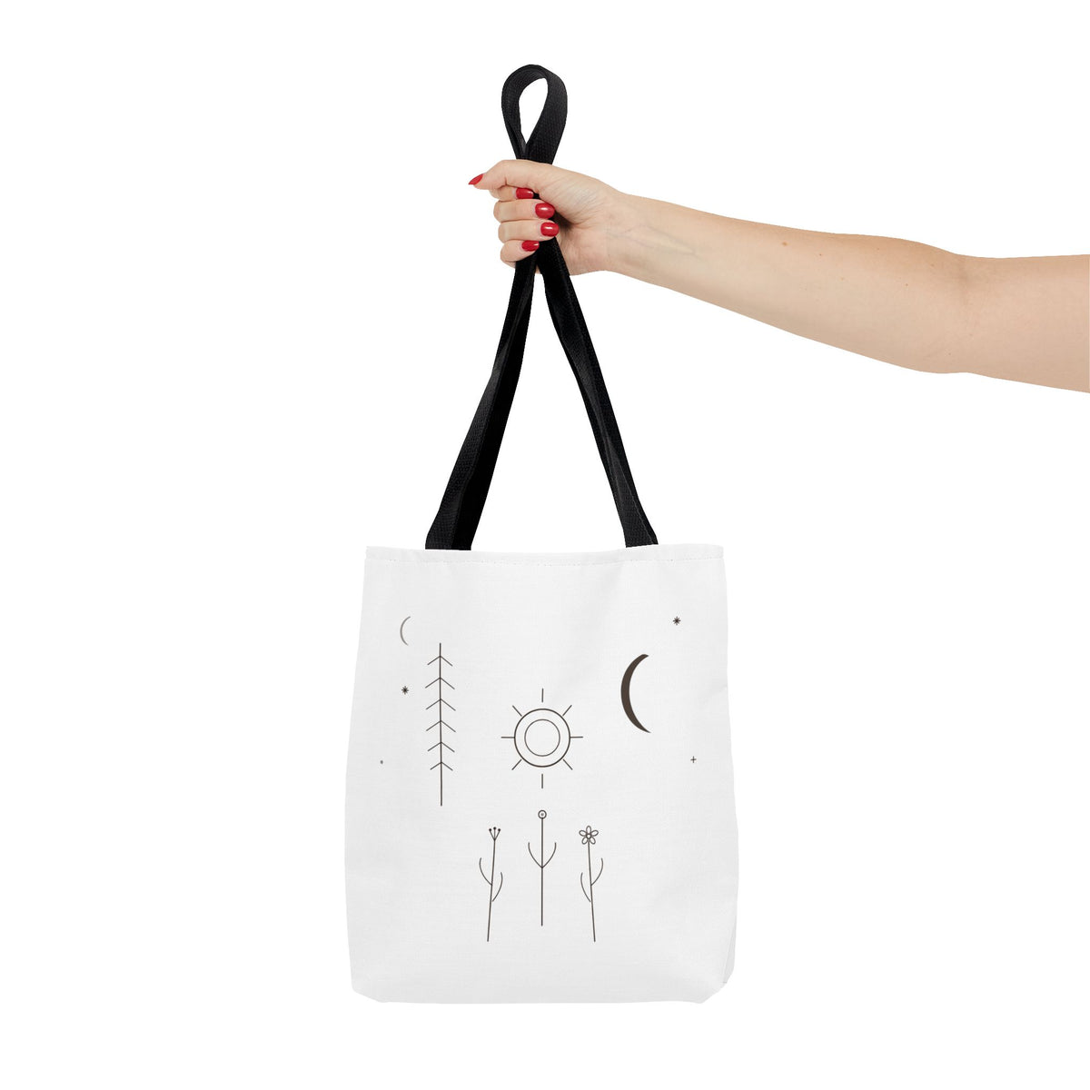 Minimal Moon and Sun botanical tote bag with celestial line art design, eco-friendly canvas bag by Printify.