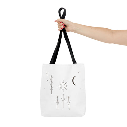 Minimal Moon and Sun botanical tote bag with celestial line art design, eco-friendly canvas bag by Printify.