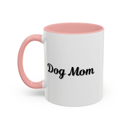 Dog Mom Accent Coffee Mug — white ceramic coffee mug with retro script "Dog Mom" print, colored interior and C-handle, 11oz/15oz, handle and interior color detail