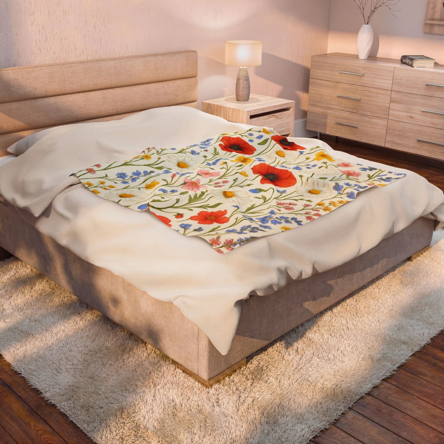 Velvet plush blanket featuring all-over print of poppy daisies and wildflowers, soft and cozy floral throw by Printify.