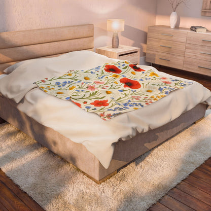 Velvet plush blanket featuring all-over print of poppy daisies and wildflowers, soft and cozy floral throw by Printify.