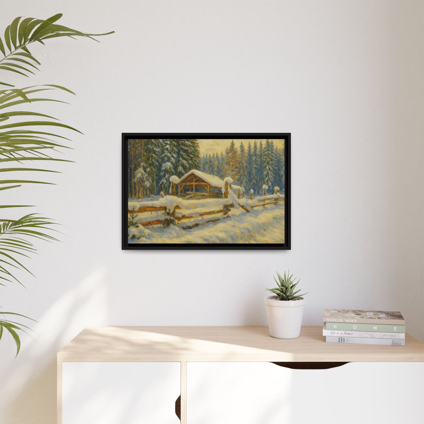 Snowy cabin winter landscape canvas wall art by Printify featuring a cozy cabin scene in a snowy forest setting.