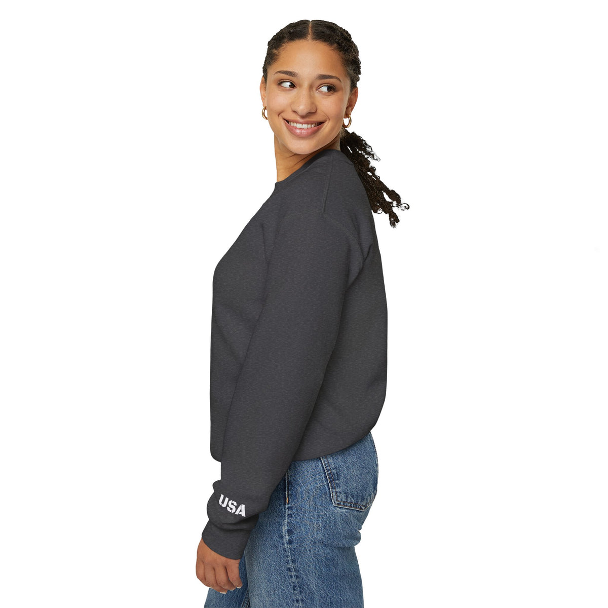 Printify USA crewneck sweatshirt with patriotic design, cozy fit, perfect for all seasons, featuring stars and stripes motif.