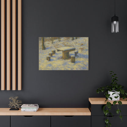Winter landscape canvas wall art depicting a snowy forest scene, matte stretched print by Printify.