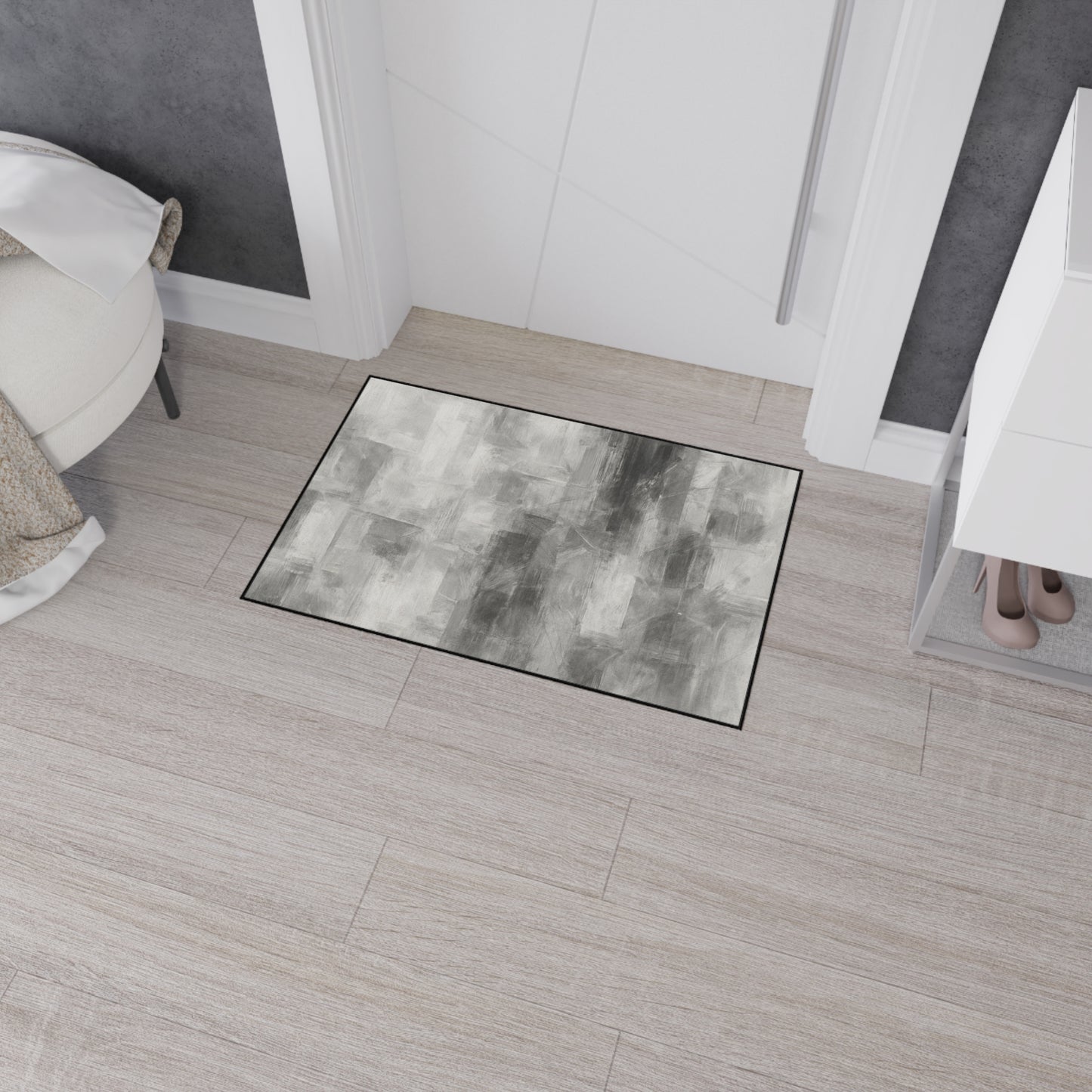 Modern abstract design floor mat by Printify, heavy-duty rug for kitchen or entryway, with bold geometric patterns and durable material.