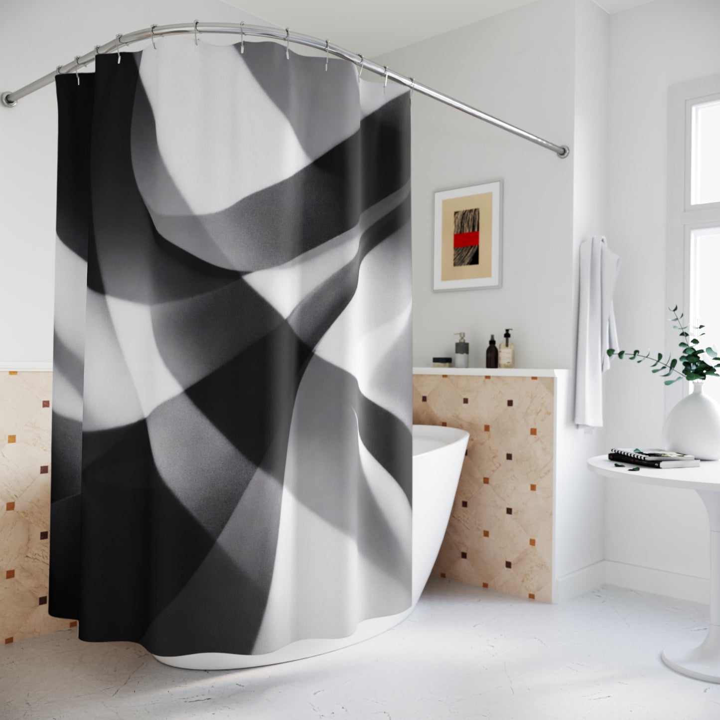 Abstract Black White Waves Shower Curtain | Modern Geometric Bathroom Decor
