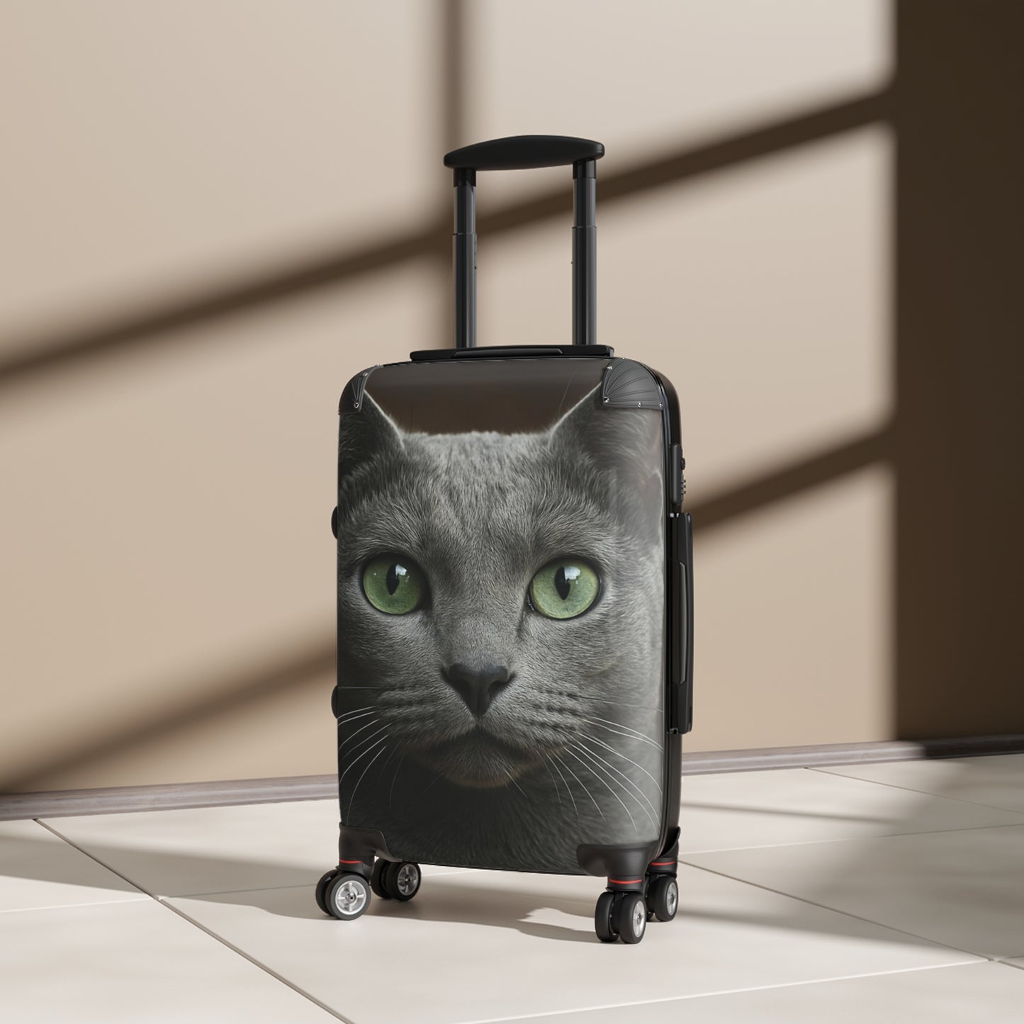 Green-Eyed Cat Carry-On Suitcase — Photo Realistic Cat Face Luggage