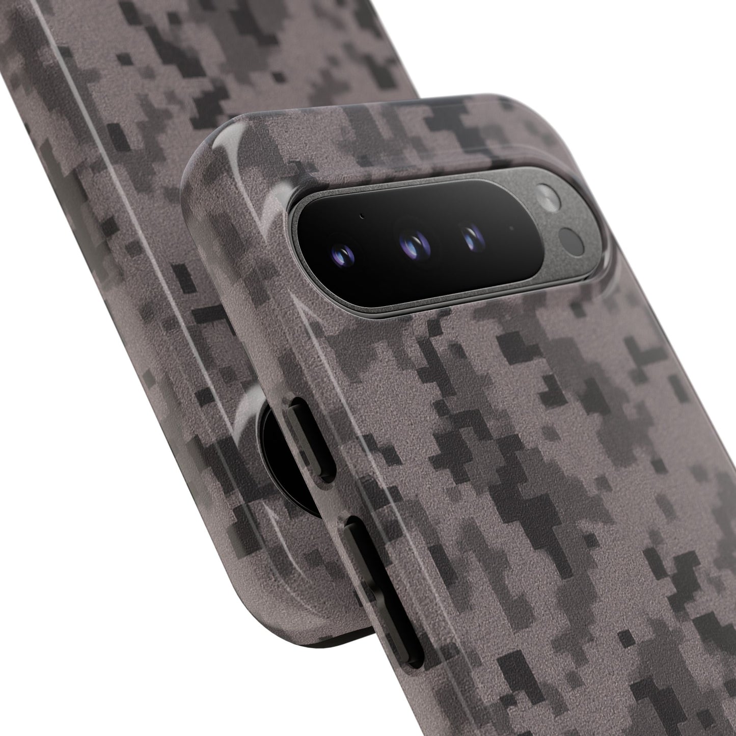 Gray digital camouflage phone case by Printify, showing a tough protective cover with gray camouflage pattern on a smartphone.