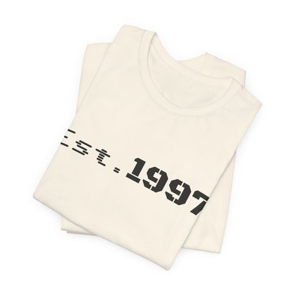 Vintage 1997 Established T-Shirt by Printify with retro logo and classic fit, showcasing a stylish, casual graphic design.
