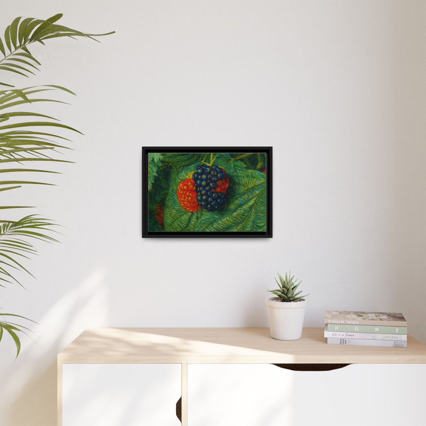Blackberry still life framed canvas print by Printify featuring a detailed image of ripe blackberries on a neutral background.