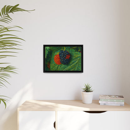 Blackberry still life framed canvas print by Printify featuring a detailed image of ripe blackberries on a neutral background.
