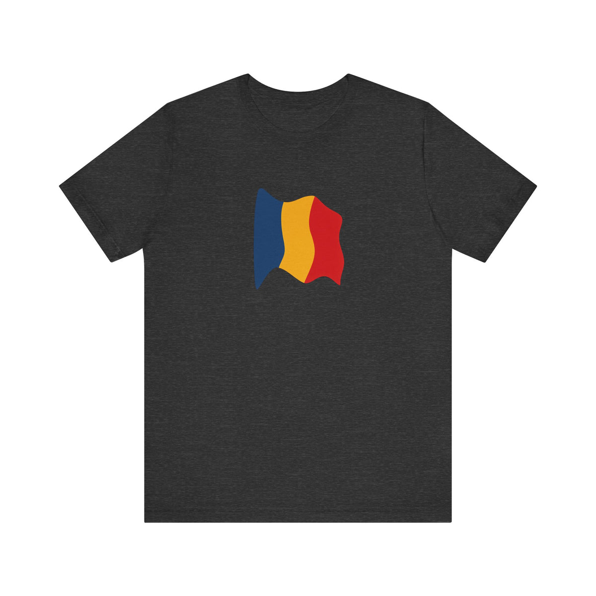Romania flag T-shirt by Printify featuring a minimal waving tricolor design, casual fit, and soft fabric.