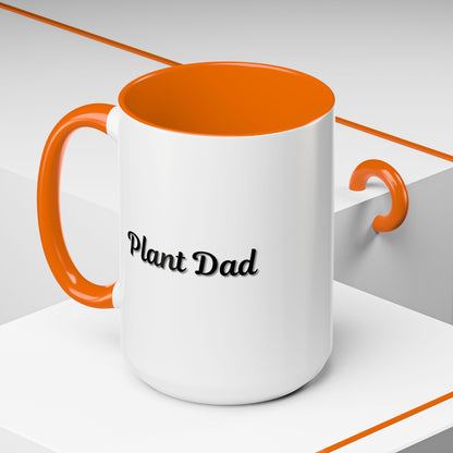 Black-handle Plant Dad coffee mug with plant-themed design, 11oz size, perfect for plant lovers and gift-giving.