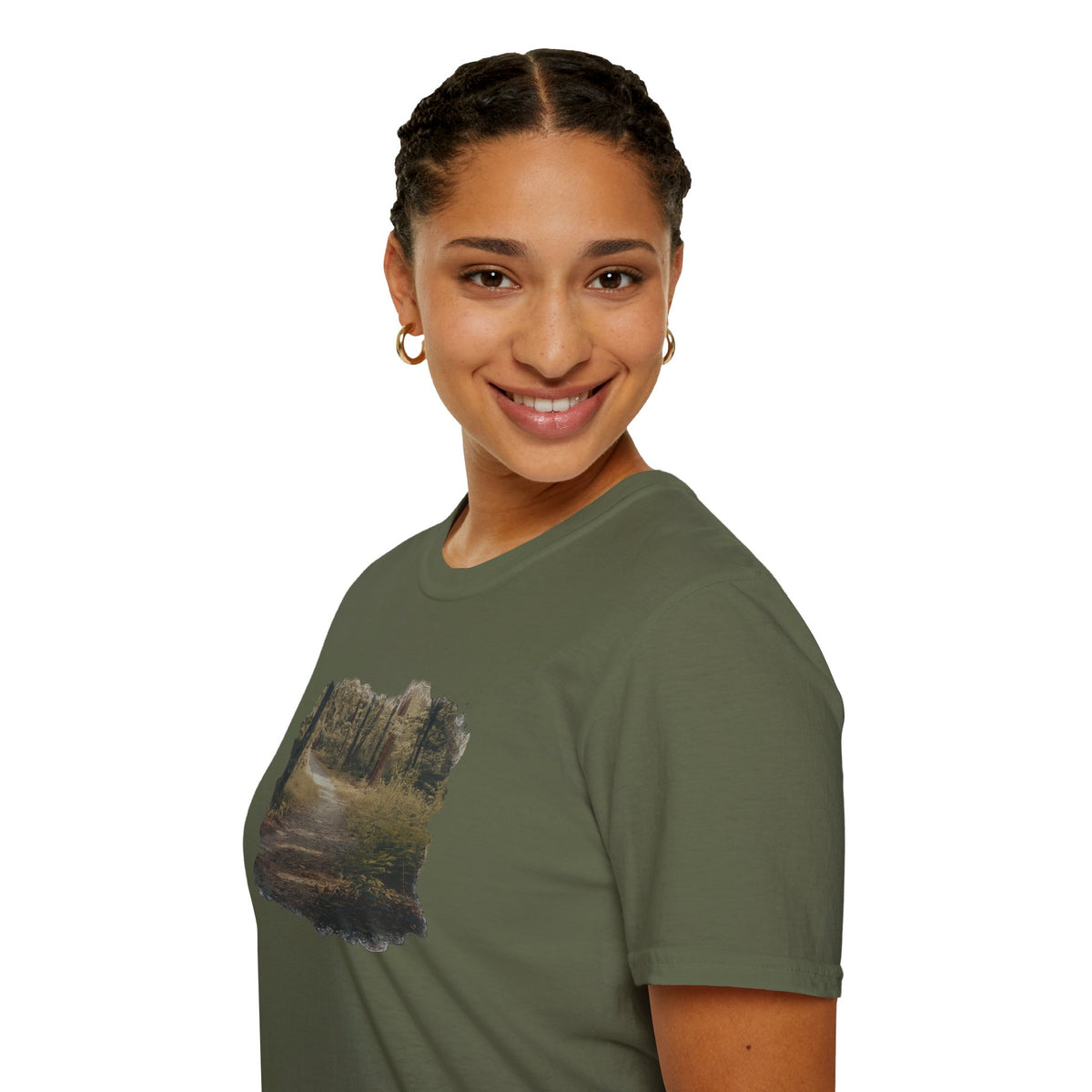 Vintage forest landscape T-shirt by Printify featuring a nature pathway design on a comfortable cotton tee.