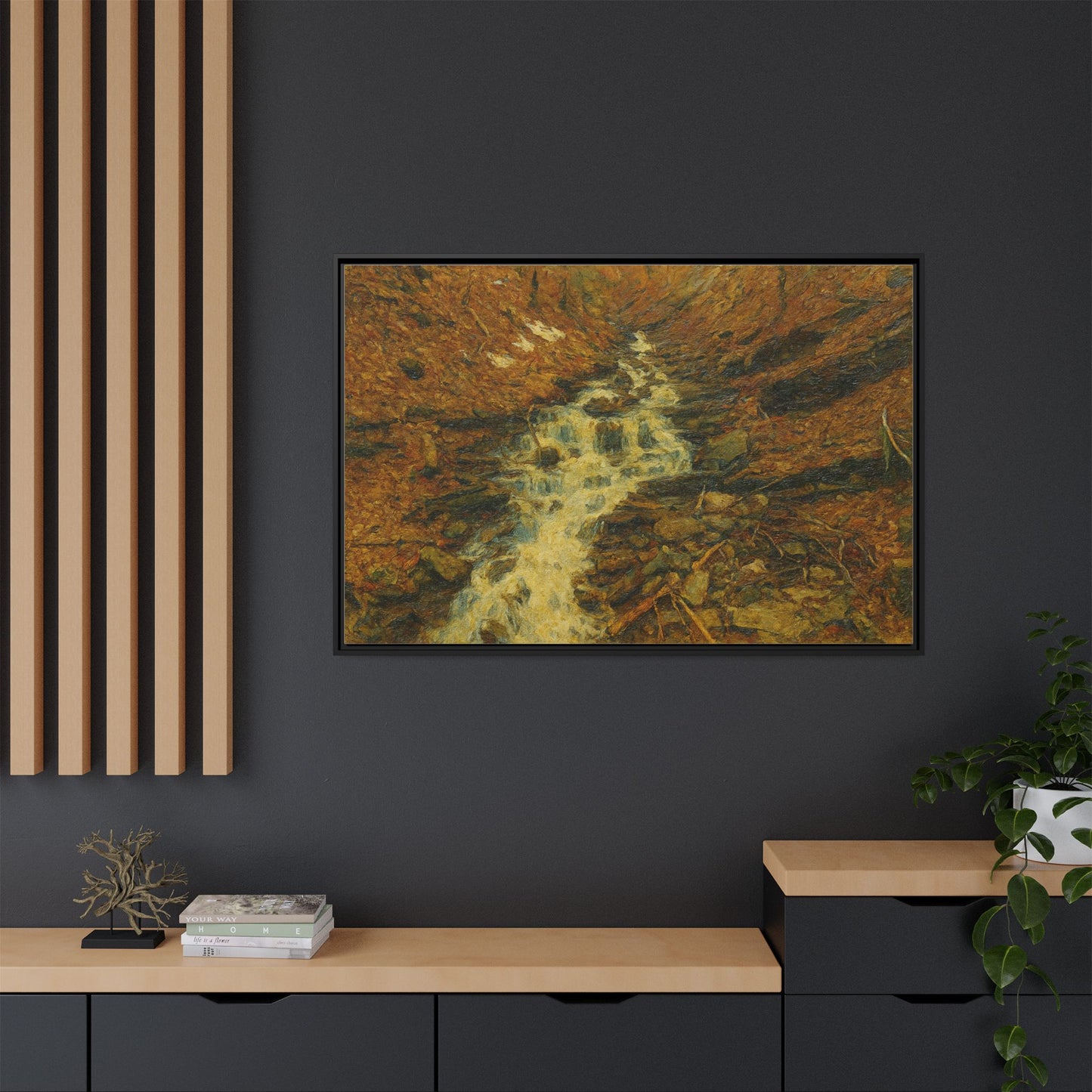 Framed matte canvas print of autumn stream landscape artwork by Printify, featuring vibrant fall colors and serene water scene.