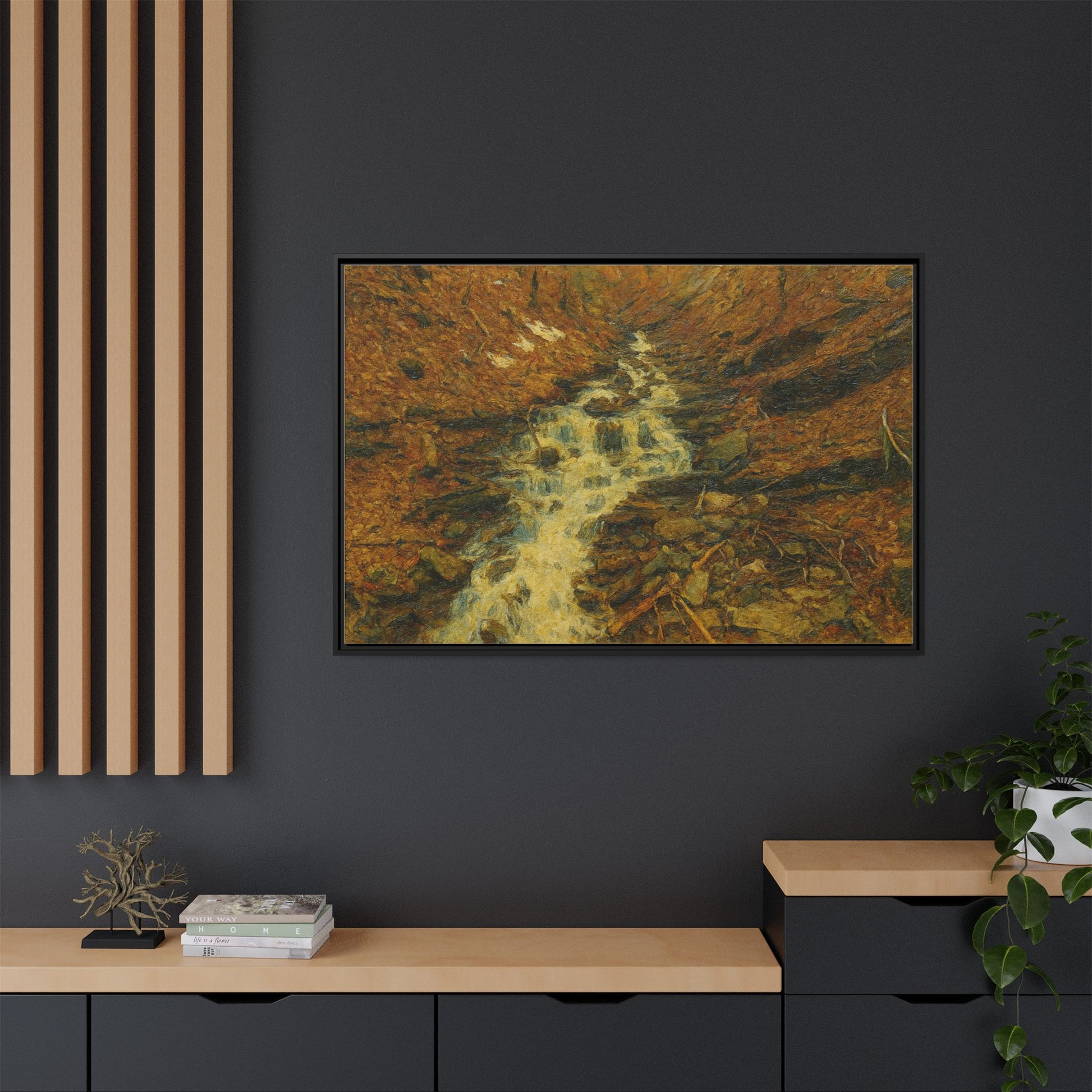 Framed matte canvas print of autumn stream landscape artwork by Printify, featuring vibrant fall colors and serene water scene.