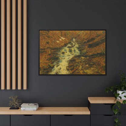 Framed matte canvas print of autumn stream landscape artwork by Printify, featuring vibrant fall colors and serene water scene.