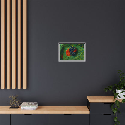 Blackberry still life framed canvas print by Printify, showcasing realistic blackberries in a detailed, artistic wall decor piece.