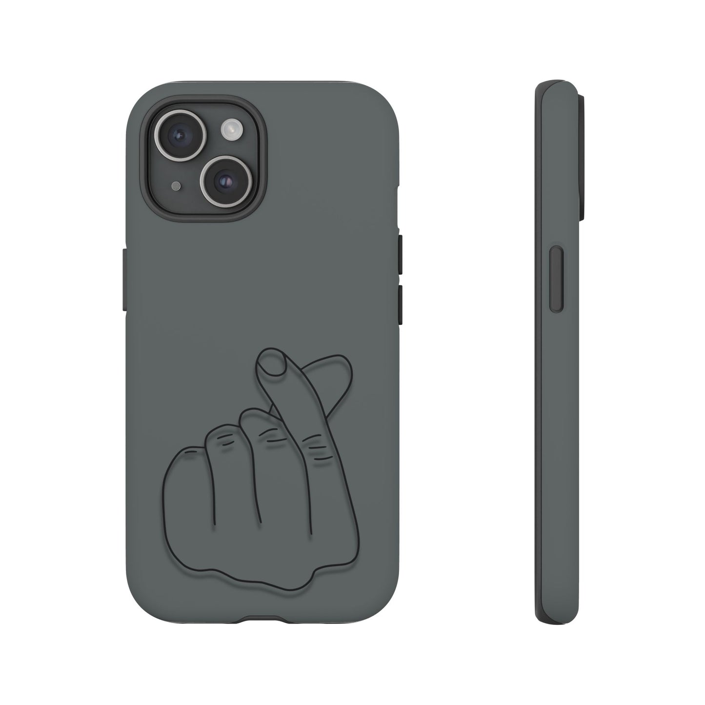 Silicone phone case with embossed Korean finger heart design, compatible with smartphones, by Printify.
