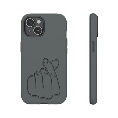 Silicone phone case with embossed Korean finger heart design, compatible with smartphones, by Printify.