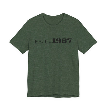Vintage Est. 1987 T-Shirt by Printify featuring a classic design and casual fit, showcasing the printed "Born 1987" graphic.