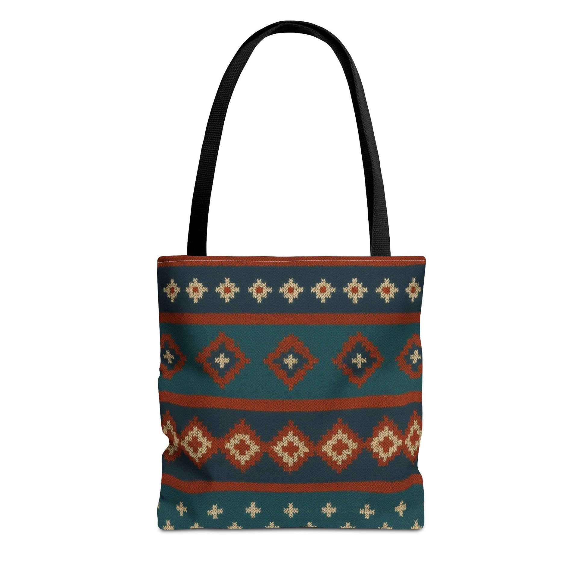 Southwestern diamond pattern tote bag with Aztec tribal geometric print, featuring sturdy handles and vibrant design.
