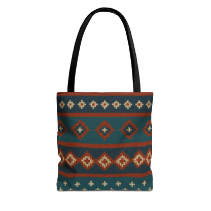 Southwestern diamond pattern tote bag with Aztec tribal geometric print, featuring sturdy handles and vibrant design.