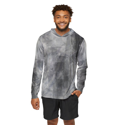 Men's gray athletic warmup hoodie with all-over print, casual pullover suitable for gym and workout wear.