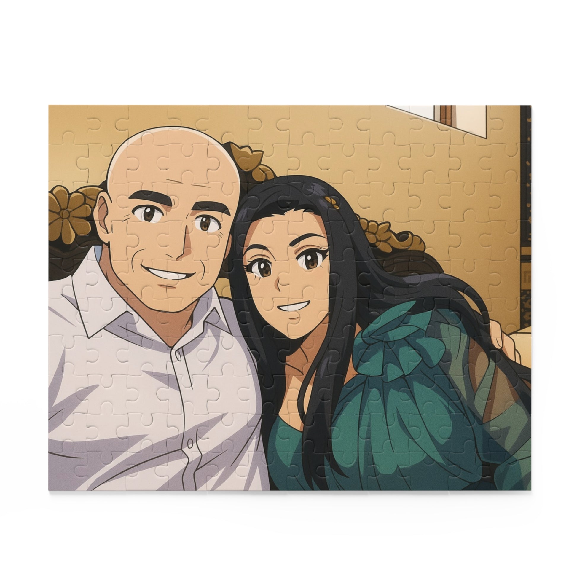 Custom anime couple portrait puzzle featuring a detailed illustration, available in 120, 252, or 500 pieces by Printify.