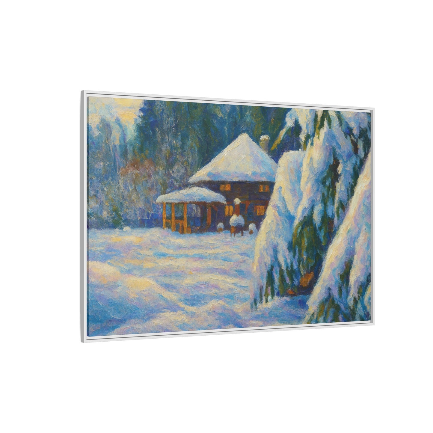 Framed matte canvas wall art featuring a snowy cabin winter landscape with trees and a peaceful winter scene by Printify.