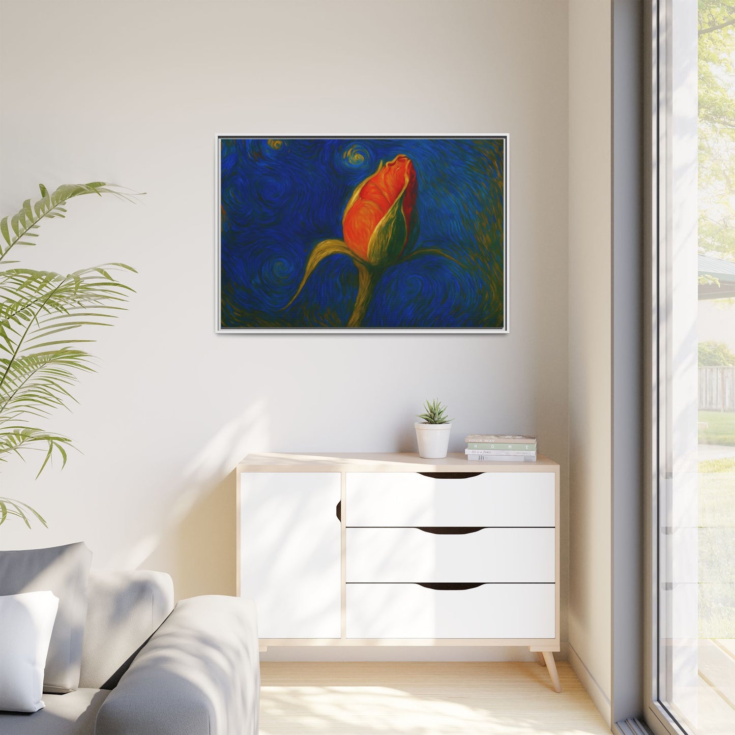 Red rose bud painting on canvas framed wall art by Printify, featuring vibrant red flowers and a matte finish.