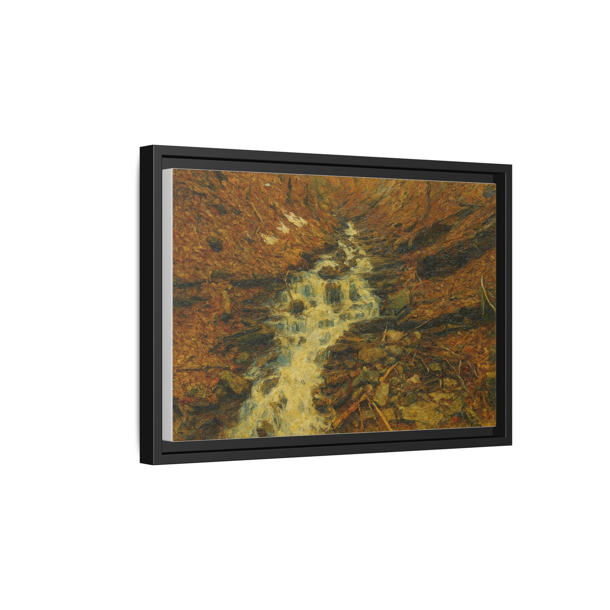Framed matte canvas print of autumn stream landscape artwork, featuring vibrant fall colors and serene nature scene by Printify.