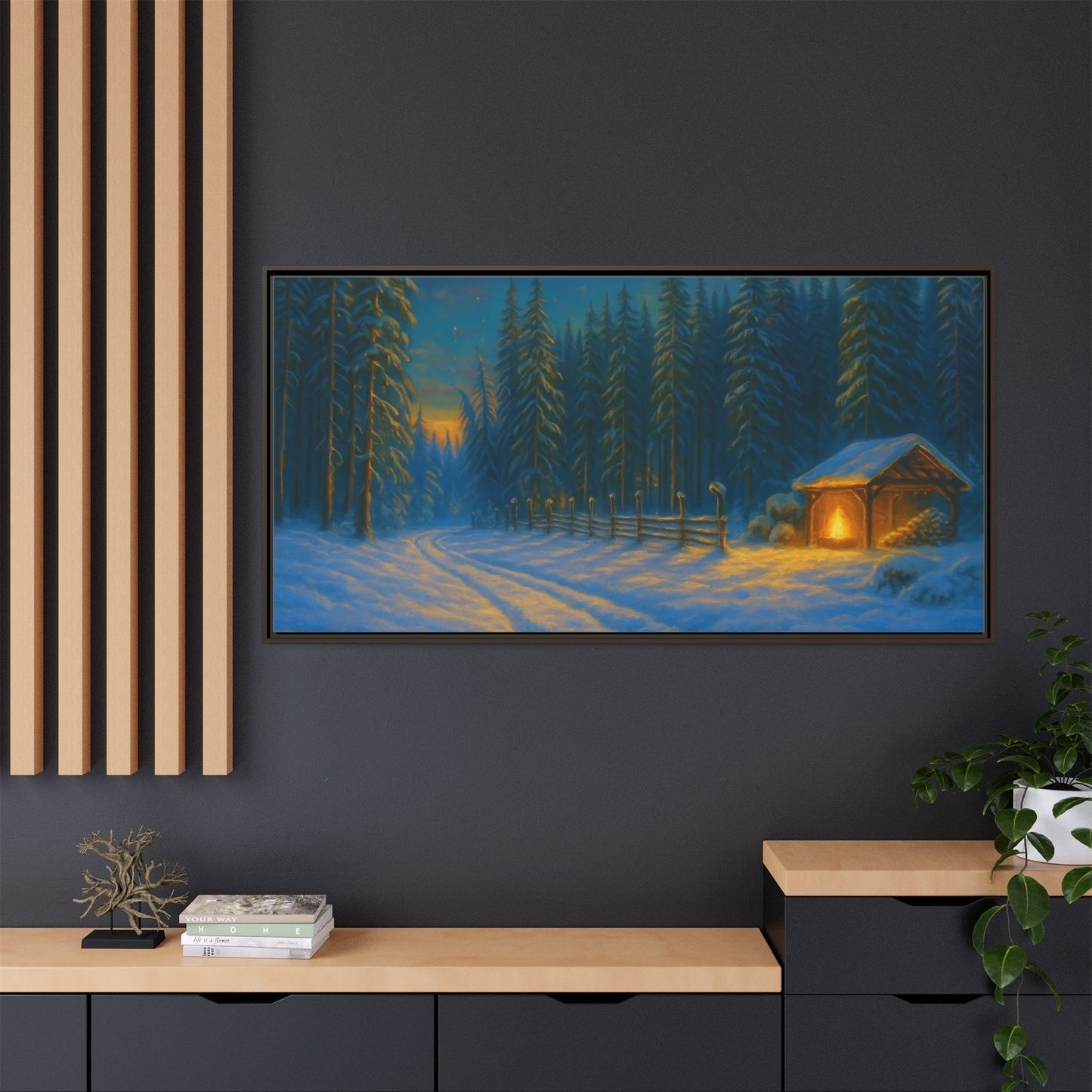 Cozy winter cabin canvas wall art by Printify featuring a snowy forest scene in a matte framed print.