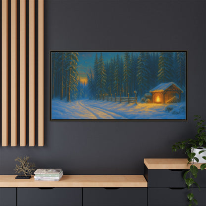 Cozy winter cabin canvas wall art by Printify featuring a snowy forest scene in a matte framed print.