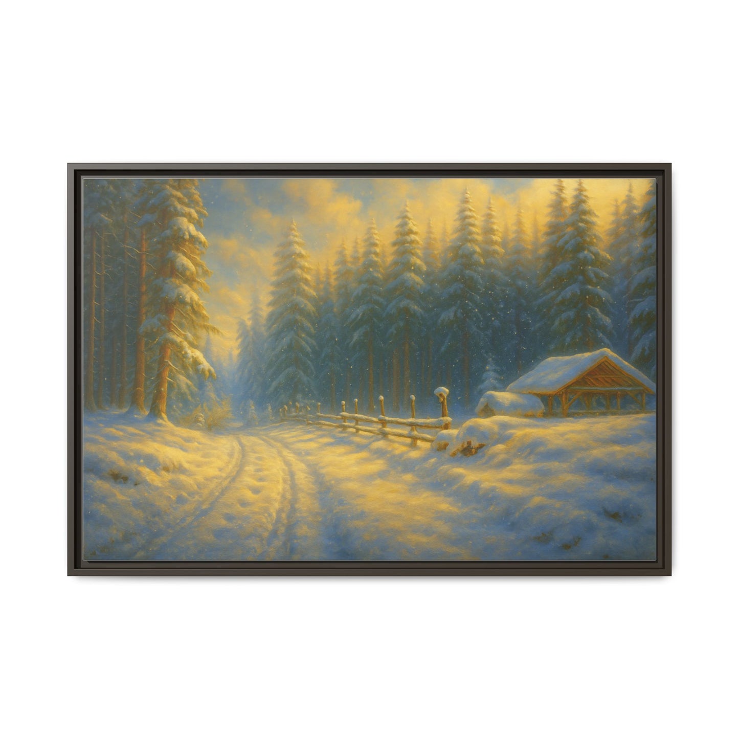 Framed winter cabin canvas print by Printify showing a snowy forest sunset scene on a wall art canvas.