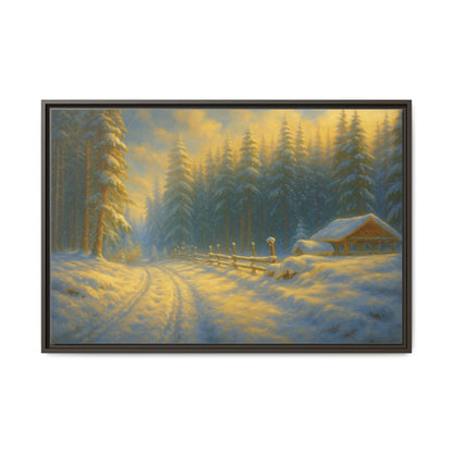 Framed winter cabin canvas print by Printify showing a snowy forest sunset scene on a wall art canvas.