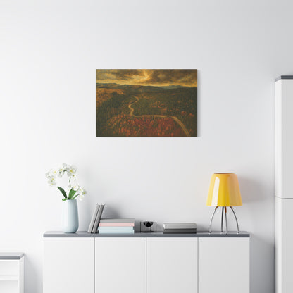 Autumn Ridge Road matte stretched canvas featuring a moody forest landscape wall art by Printify.
