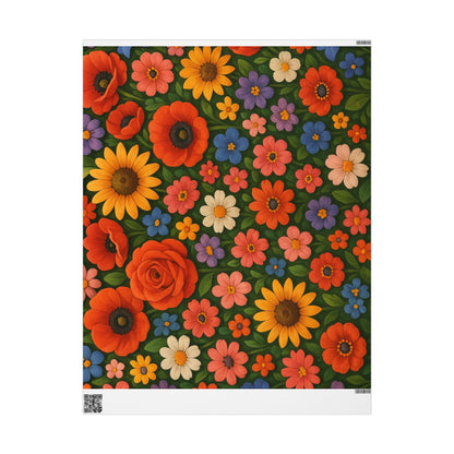 Floral Folk Art Wrapping Paper Roll — Bright Vintage Flower Gift Wrap