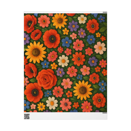 Floral Folk Art Wrapping Paper Roll — Bright Vintage Flower Gift Wrap
