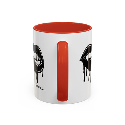 Black Dripping Lips Accent Coffee Mug with Bite graphic, 11oz or 15oz, featuring bold lip design by Printify.