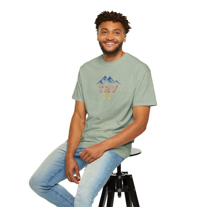 Unisex garment-dyed T-shirt with printed TRV08 logo, casual fit, soft fabric, designed by Printify.